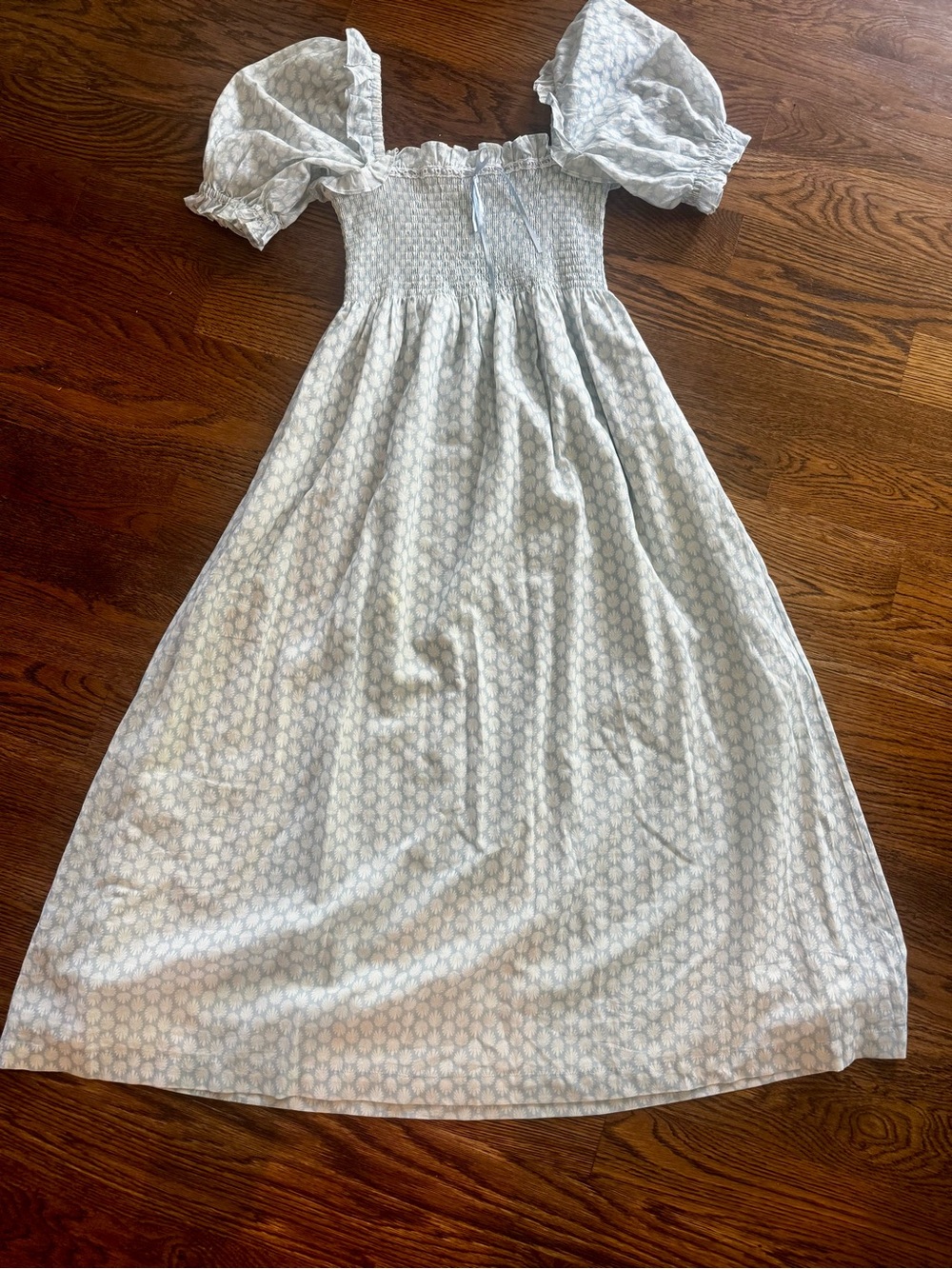 Hill House Scarlet Light Blue Puff-Sleeve Smocked Midi Dress - Picture 2 of 5